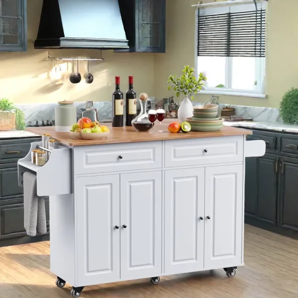 Lofka 52 - Inch Kitchen Island with Storage on Wheels with Wood Drop Leaf, Ideal for Small Kitchens