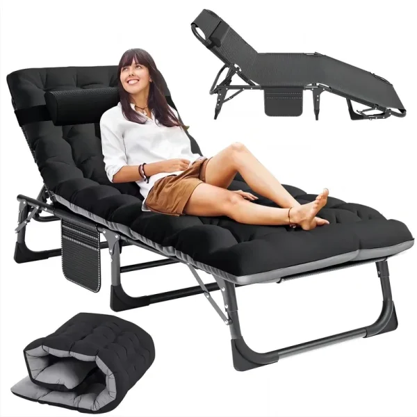 MOPHOTO Lounge Chair with Mattress, Outdoor Chaise Lounge Support 440 lb, Adjustable Portable Heavy Duty Sleeping Cots Bed for Camping, Pool, Beach, Patio