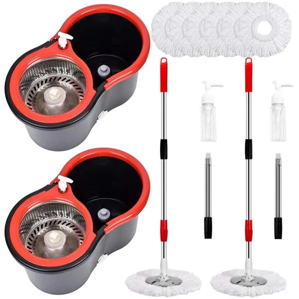 Mop and Bucket Set, 360�� Spin Mop and Bucket with Wringer Set and 6 Microfiber Mop Refills, Stainless Steel 61" Extended Handle Spinning Mop Bucket