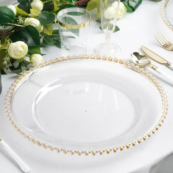 Efavormart 6 Pack 12" Gold Clear Acrylic Round Charger Plates with Beaded Rim Dinner Charger Plates