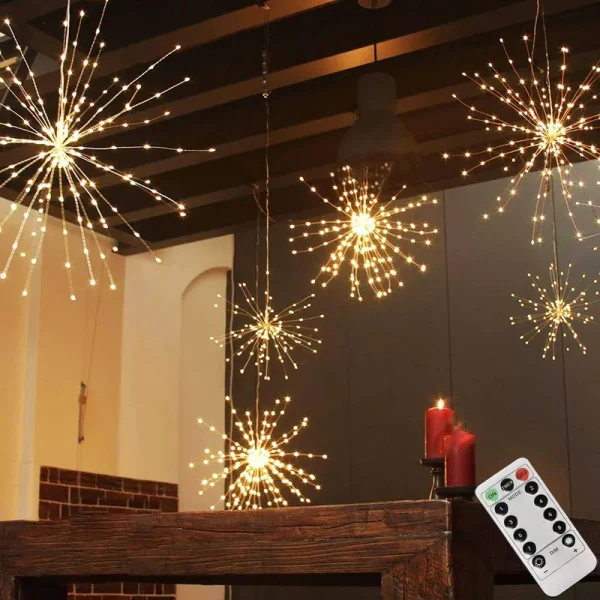 PXBNIUYA 200led Hanging Sphere Lights, Battery Operated Starburst Lights, 8 Modes Dimmable Remote Control, Waterproof Fairy Lights, Copper Wire