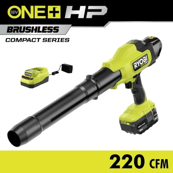 One+ HP 18V Brushless Cordless 220 CFM 140 MPH Compact Blower with 4.0 Ah Battery & Charger