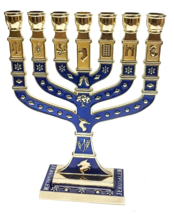 Nazareth Store Golden Menorah 7 Branch 12 Tribes of Israel Jerusalem Menora Blue Enamel 47'