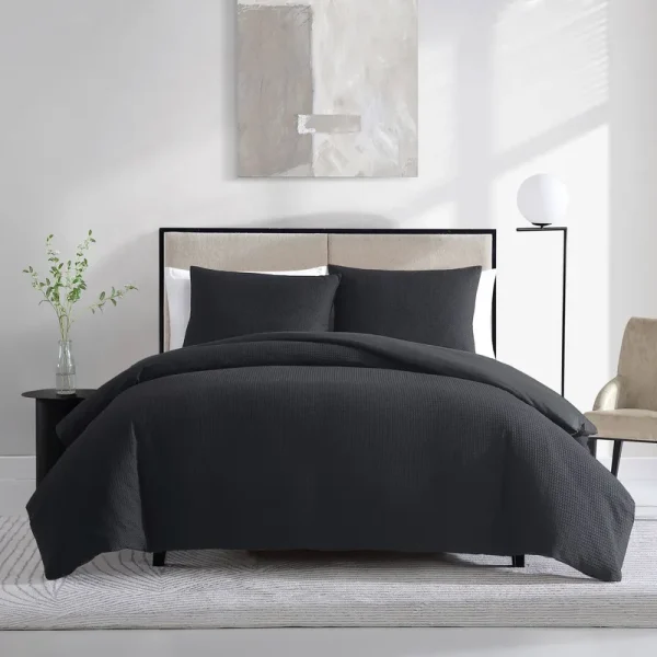 Vera Wang Waffle Pique Cotton 3 Piece Duvet Cover Set, Queen - Black