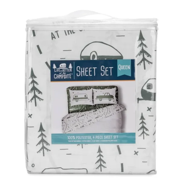 Camco Life Is Better at The Campsite (53476) RV Bed Sheet Set, RV Queen, Green Map