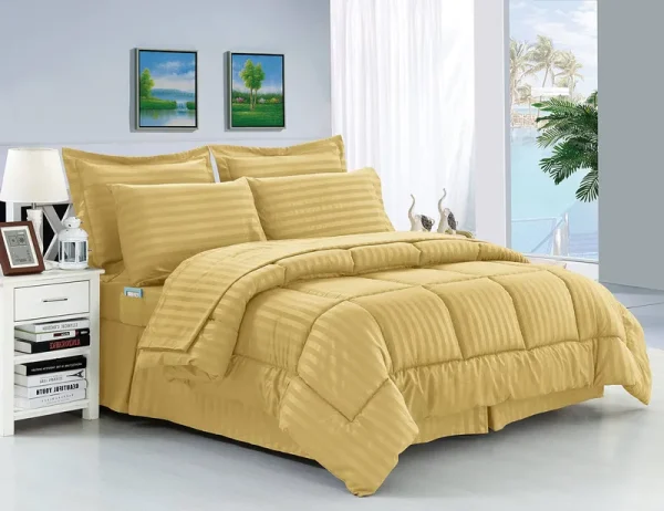 Elegant Comfort Wrinkle Resistant - Silky Soft Dobby Stripe Bed-in-a-Bag 8-Piece Comforter Set - Full/Queen, Gold