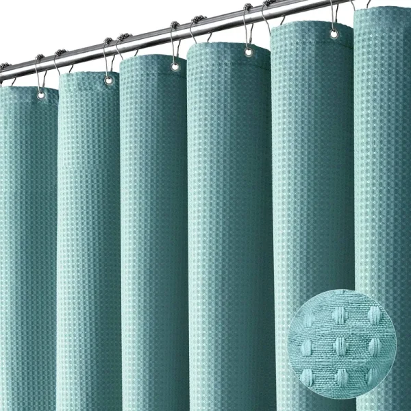 Dynamene Teal Fabric Shower Curtain - Waffle Weave Heavy Duty Cloth Shower Curtains for Bathroom, 256GSM Hotel Luxury We