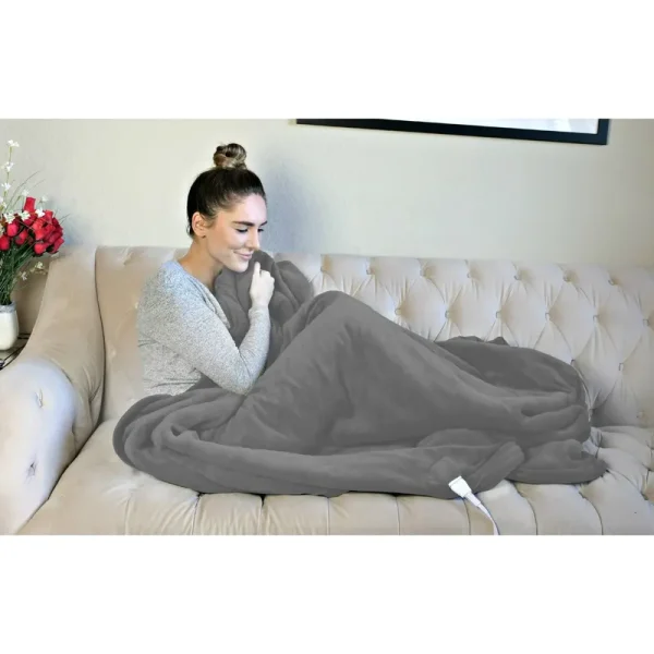 Biddeford Luxuriously Soft Velour and Sherpa Heated Throw Blanket - Charcoal Grey
