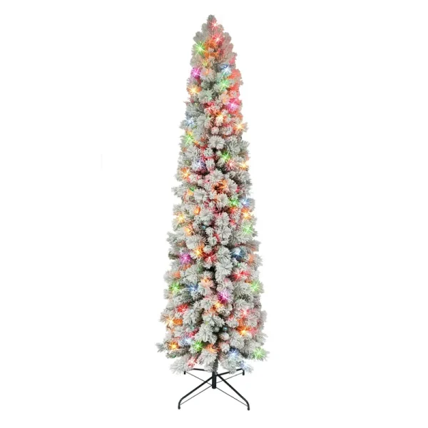 Puleo International 7.5 ft. Pre-Lit Flocked Portland Pine Artificial Pencil Tree - Green