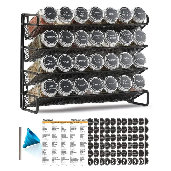 SpaceAid Spice Rack Organizer with 28 Spice Jars, 386 Spice Labels, Chalk Marker and Funnel Set for Cabinet, Countertop, Pantry, Cupboard or Door & Wa