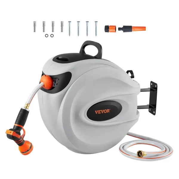 VEVOR Retractable Hose Reel, 84 Ft x 5/8 in, 180 Swivel Bracket Wall - Mounted, Garden Water Hose Reel with 9 - Pattern Nozzle, Automatic Rewind, Lock at Any Length, and Slow Return System