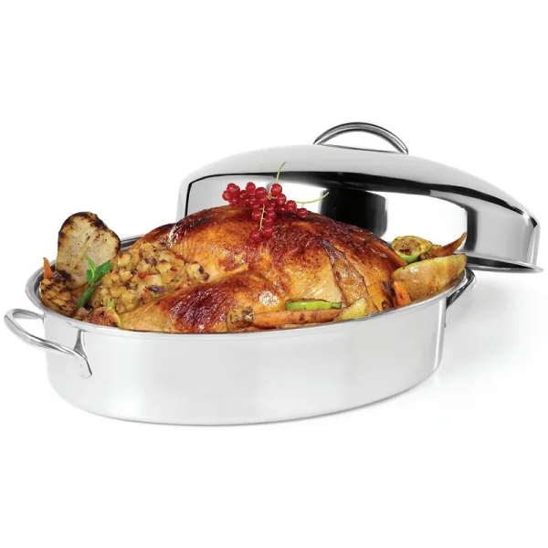 Ovente Kitchen Oval Roasting Pan 16 inch Stainless Steel Baking Tray with Lid & Rack, Dishwasher Safe Portable Silver Cwr32161s