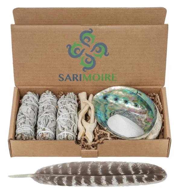 SARIMOIRE Sage Smudge Kit - White Sage Smudge Sticks - 4in ~ Abalone Shell 5-6in ~ 2in Tripod Stand ~ 9-12in Feather and White Sand