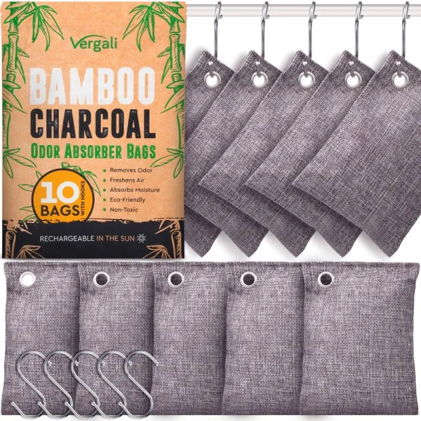 Vergali Nature Fresh Bamboo Charcoal Air Purifying Bags 10 x 100g Pack. Activated Natural Home Odor AbsorberDeodorizer and Moisture Eliminator for CL