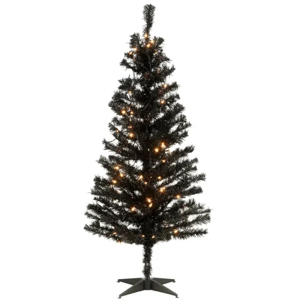 National Tree Black Tinsel Tree with Clear Lights 4'