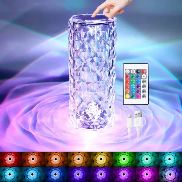Newrgy Crystal Table Lamp, Touch Remote Control Modern Nightstand Lamp, 16 Colors Changing Rose Table Lamp USB Rechargeable Bedside Lig