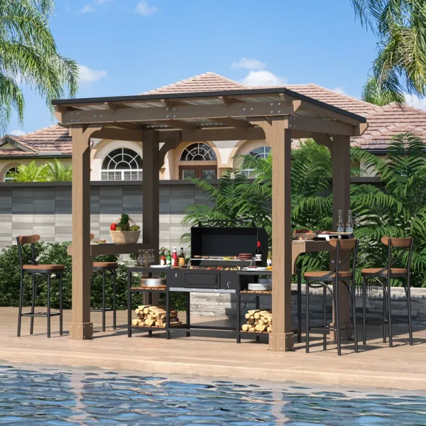 VEIKOUS 8' x 5' Outdoor Hardtop Gazebo, BBQ Grill Gazebo W/ Workstation Shelves for Lawn, Garden, Deck