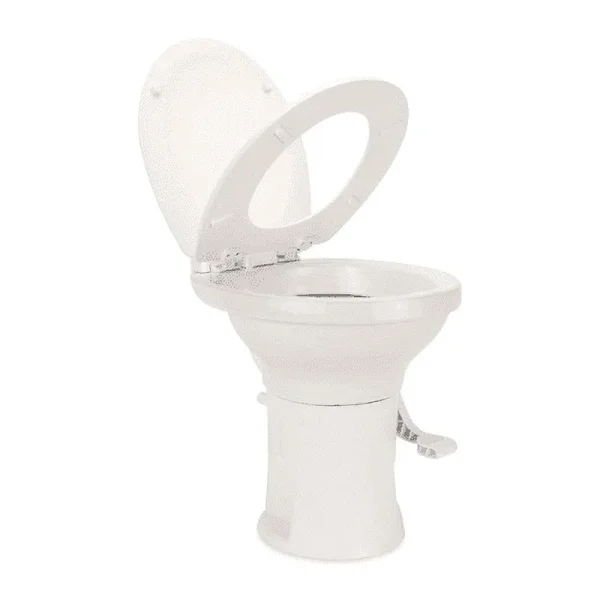 Camco Premium Ceramic Camper/RV Toilet | Features Gravity Flush System with Convenient Foot Pedal | Full - Sized Ergonomic Design with 18" Chair Height | Soft - Close Wood Seat & Lid | Bone (41715)
