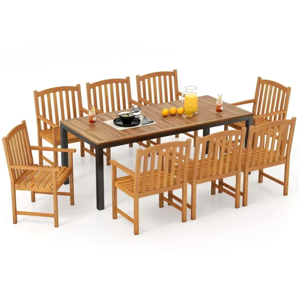 Tangkula Patio Rectangular Table with Umbrella Hole and 8 Solid Acacia Armchairs