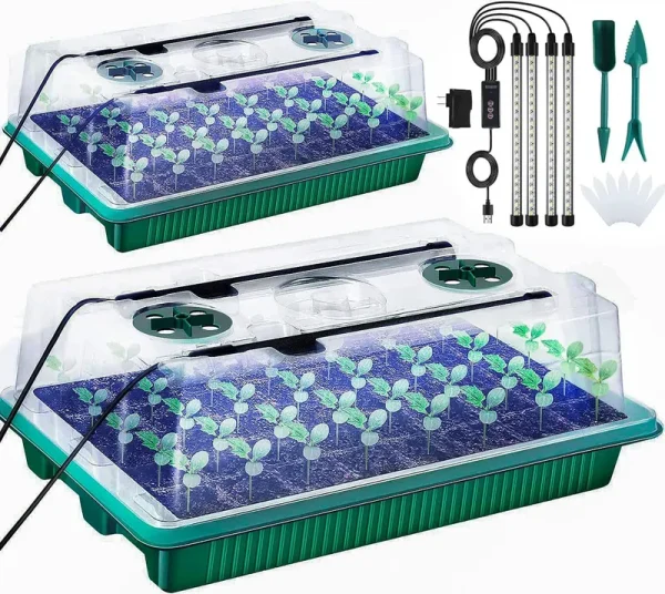 Kirababy Seed Starter Tray with Grow Light, 2 Packs Seed Tray Kits with 80-Cell/Seedling Tray with Humidity Dome/Indoor Grow Kit for Deep-Rooted