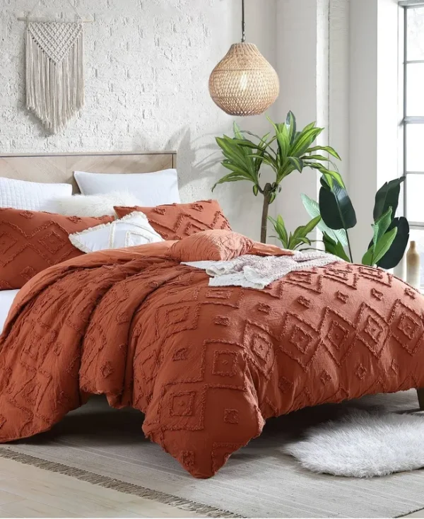 Swift Home Rukai 100% Cotton Clipped Diamond Jacquard 5-Piece Bedding Comforter Set Rust - Full - Queen