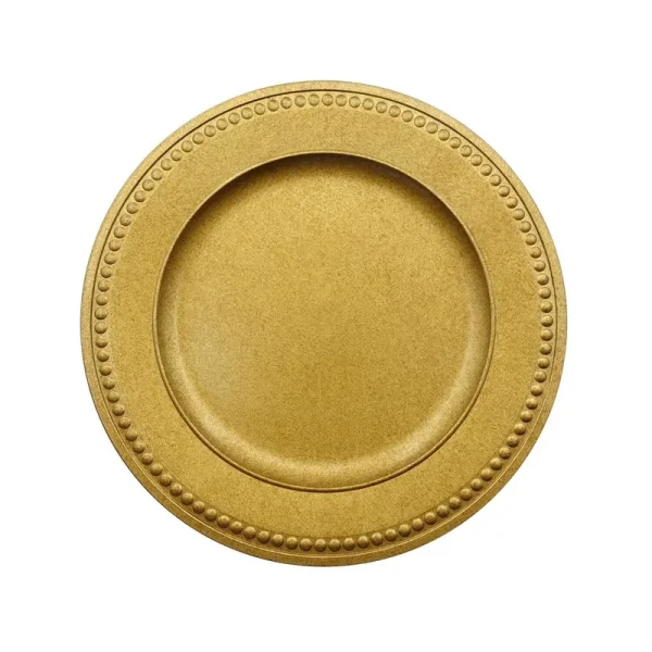 Antique Gold Plastic Charger Plates with Beaded Rims, 13 in.