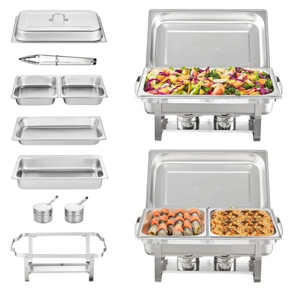 VEVOR 8 Qt. Chafing Dish Buffet Set Stainless Chafer with 2 Full & 4 Half Size Pans Rectangle Catering Warmer Server (2- Pack)