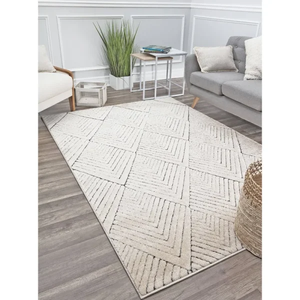 CosmoLiving by Cosmopolitan Chanai CN30A Alabaster Geometric Contemporary Tan Area Rug, 2'x8'