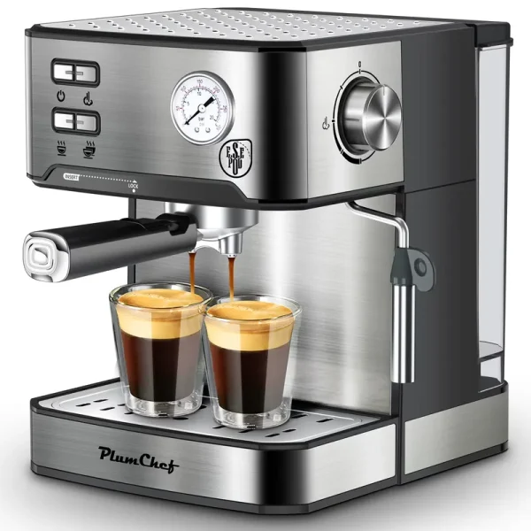 Plum Chef Espresso Coffee Machine, 20 Bar Cappuccino Latte Maker Coffee Machine with ESE POD Capsules Filter&Milk Frother, 1.6 L Water Tank, for Home Barista, Stainless Steel, 850W