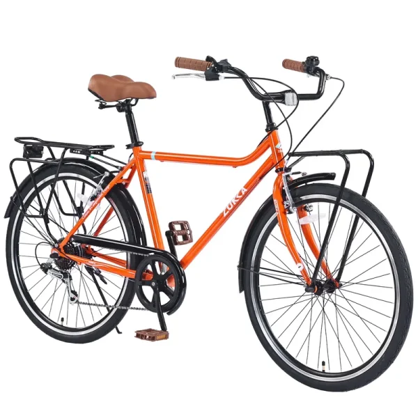Ambifirner Retro Cruiser Bike - 7 - Speed Shimano Drivetrain & Classic Steel Frame - Vintage Commuter Bicycle with Cargo Racks & Leather Saddle (85% Pre - Assembled, Sunset Orange)
