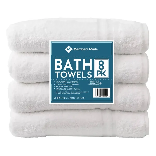 Member's Mark Commercial Hospitality Bath Towels, White (8 Count)