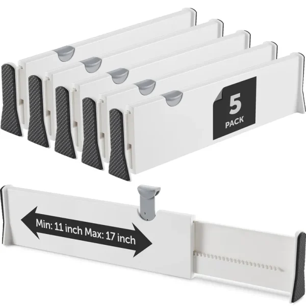 RUBOXA Adjustable Tall Drawer Dividers, [5 Pack] Adjusting Length from 11 inch - 17 inch, Drawer Organizers for Clothes, Locks in PL