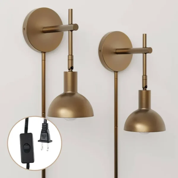 Nathan James Tamlin Wall Mounted Armed Sconce 1-Light Fixture with Plugin and On/Off Switch - Brass Set of 2
