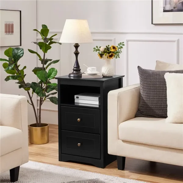 Yaheetech Wooden Nightstand with Storage Drawers and Open Shelf, Set of 2, Black