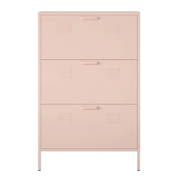 RealRooms Shadwick 3 Door Locker Style Metal Shoe Storage Cabinet, Pink
