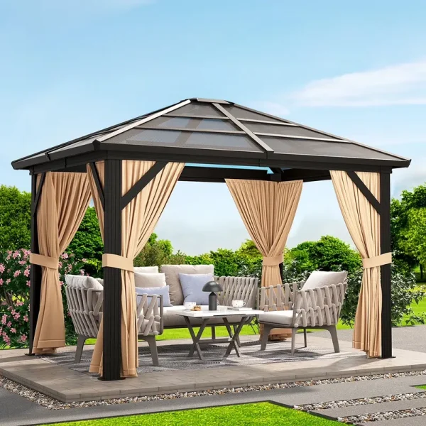 Ataucjin 10'X10' Gazebo, Hardtop Outdoor Canopy Aluminum Frame Permanent Gazebo with Netting and Curtains, Polycarbonate Garden Tent for Patio, Lawn, Backyard, Deck(Ship in 2 Boxes)