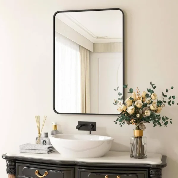 XRAMFY 24 in. W x 36 in. H Rectangular Aluminum Alloy Framed Rounded Black Wall Mirror