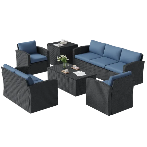 AECOJOY 7 PCS Outdoor Patio Furniture Sets with 2 Storage Boxes, Black & Dark Blue
