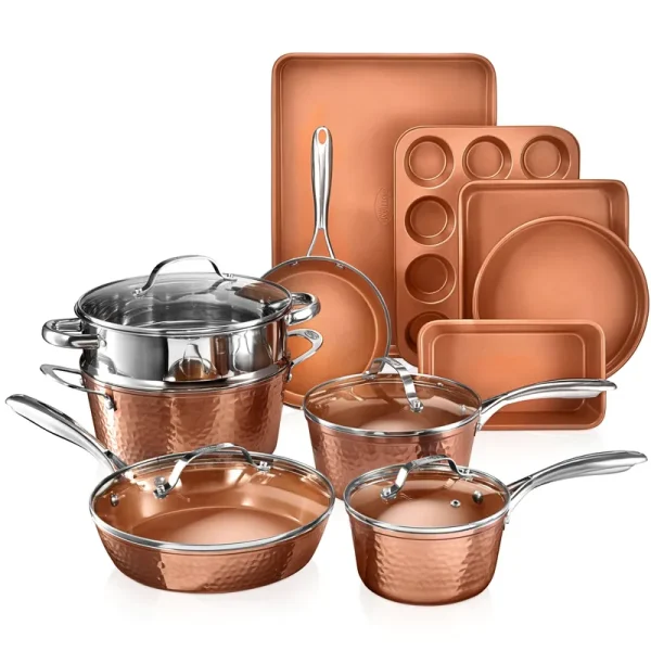 Gotham Steel Hammered 15 Piece Nonstick Cookware and Bakeware Set - Copper