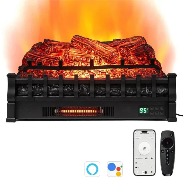 26" WiFi Electric Fireplace Insert Log Set, 1500W Infrared Quartz Heater with App/Remote Control, Realistic Sound, Adjustable Flame Colors, 8H Timer
