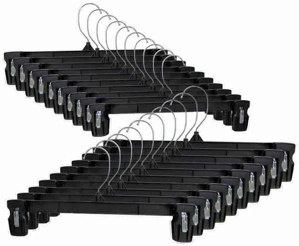 Hanger Central Recycled Black Heavy Duty Plastic Pant & Skirt Bottom Hangers with Plastic Pinch Clips and Polished Metal Swivel Hooks, 10 inch, 10