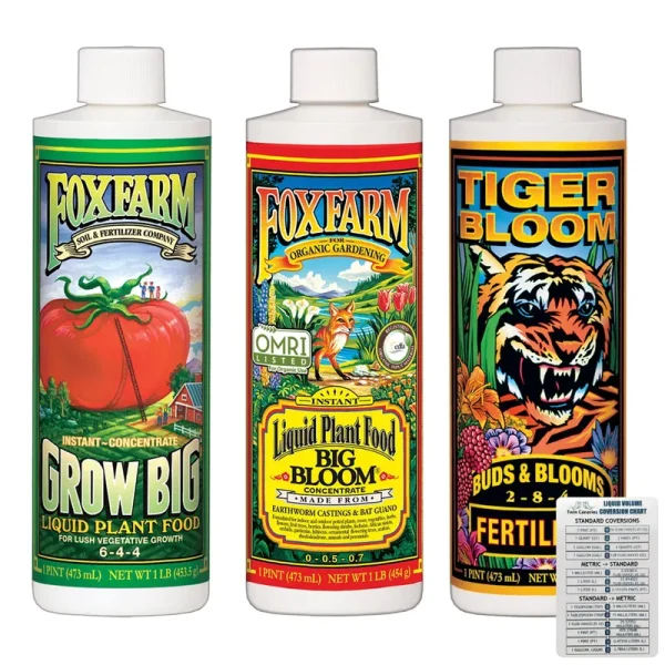 FoxFarm Liquid Nutrient Trio Soil Formula: Big Bloom, Grow Big, Tiger Bloom (Pack of 3-16 oz bottles) 1 Pint Each + Twin Canaries Chart
