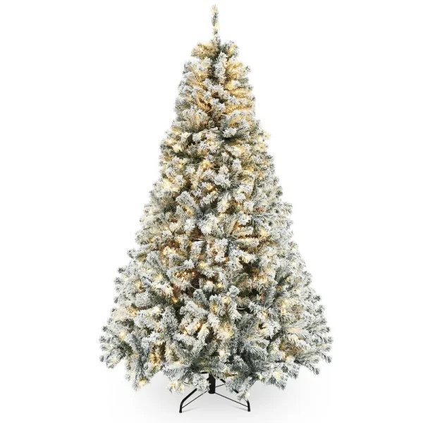 okicoler 7.5ft Pre-Lit Snow Flocked Artificial Christmas Pine Tree with Eld Lights and Metal Base Stand for Home, Office, Party,Xmas Decoration,White