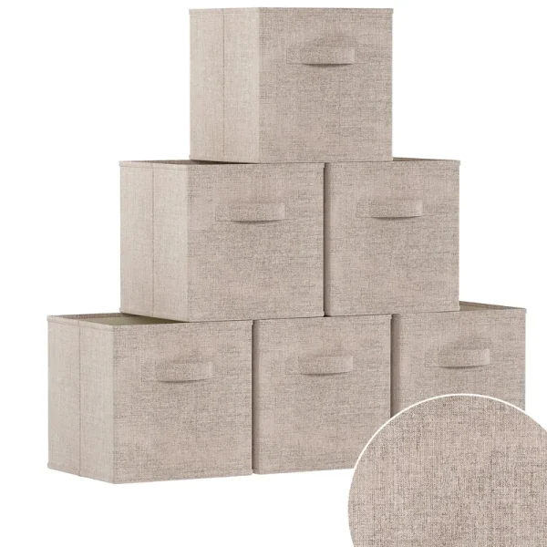 Ornavo Home 6 Pack Foldable Collapsible Storage Box Bins Shelf Basket Cube Organizer with Dual Handles -13 x 13 x 13 - 11 x 11 x 11 - Ash Beige