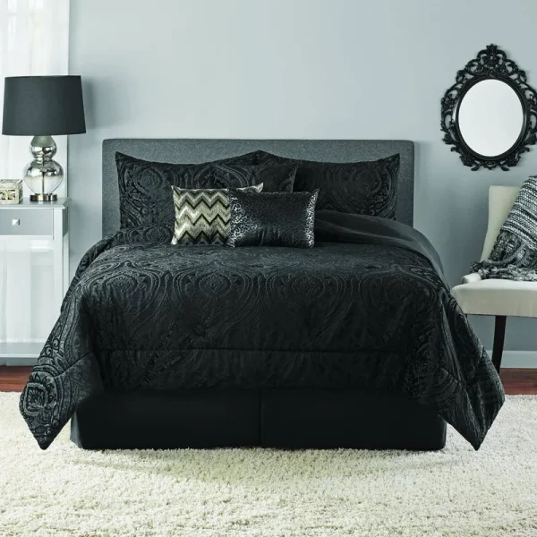 Mainstays Cougar Burnout Velvet Ogee 7-Piece Comforter Set King Black