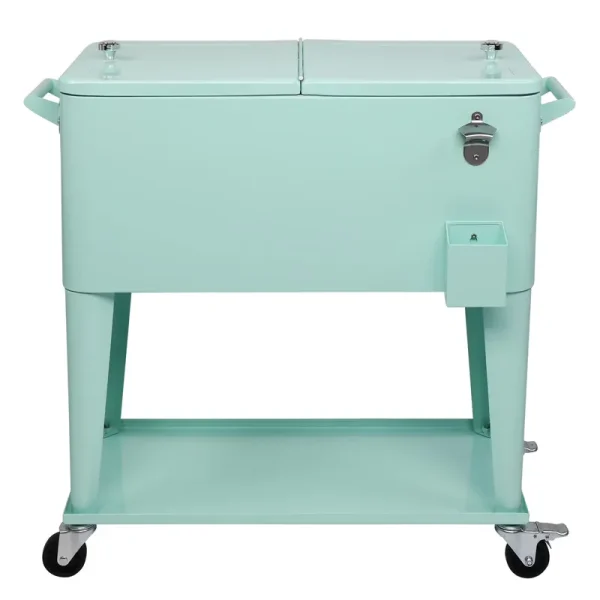 BNSPLY 80 Quart Outdoor Cooler Cart Rolling Ice Chest Cooler Cart, Portable Patio Cooler with Bottle Opener, Handles and Drainage, Standing Cooler for Patio Party, Camping and BBQ, Mint Green
