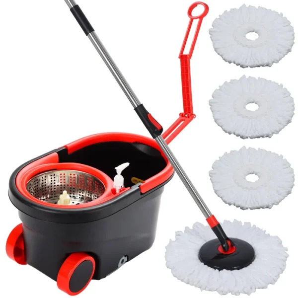 Spin Mop and Bucket with Wringer Set On Wheels, 360�� Spinning Mop Bucket System with 3 Microfiber Mop Replacement Heads and 61" Stainless Steel
