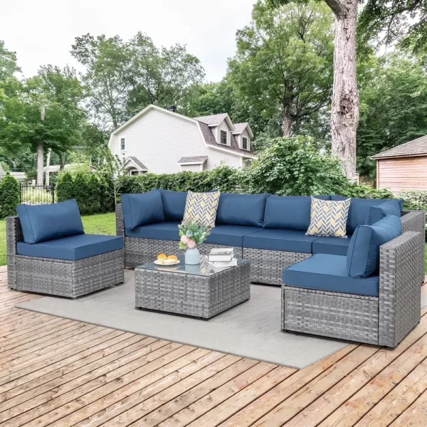 Walsunny 7 Piece Outdoor Patio Conversation Set, Rattan Sectional Sofa Set, All - Weather Outdoor Modern Sectional Furniture Wicker Couch with Glass Coffee Table, Navy Blue