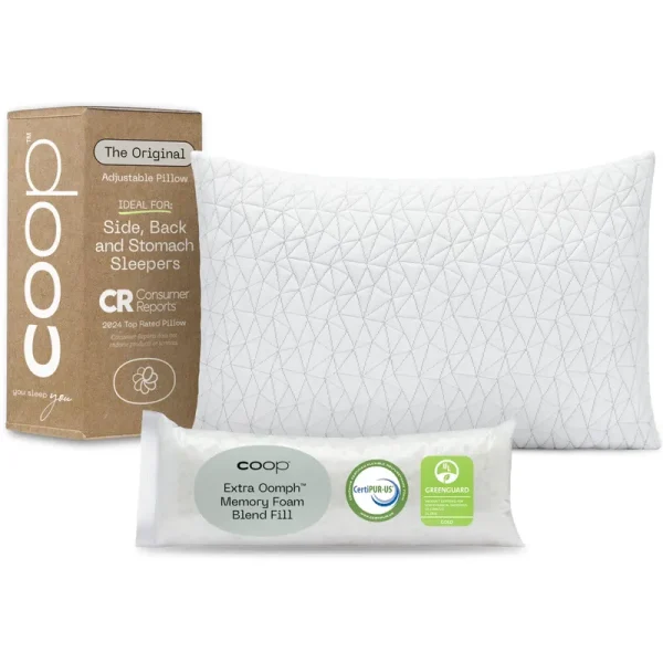 Coop Home Goods - Premium Adjustable Loft Pillow - Cross-Cut Memory Foam Fill - Lulltra Washable Cover from Bamboo Derived Rayon - CertiPUR-US