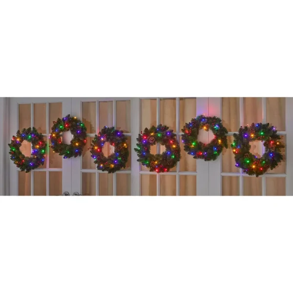 BrylaneHome 18 inch Pre-Lit Arrow-Tip Wreaths, Set of 6, Multi Color Lights